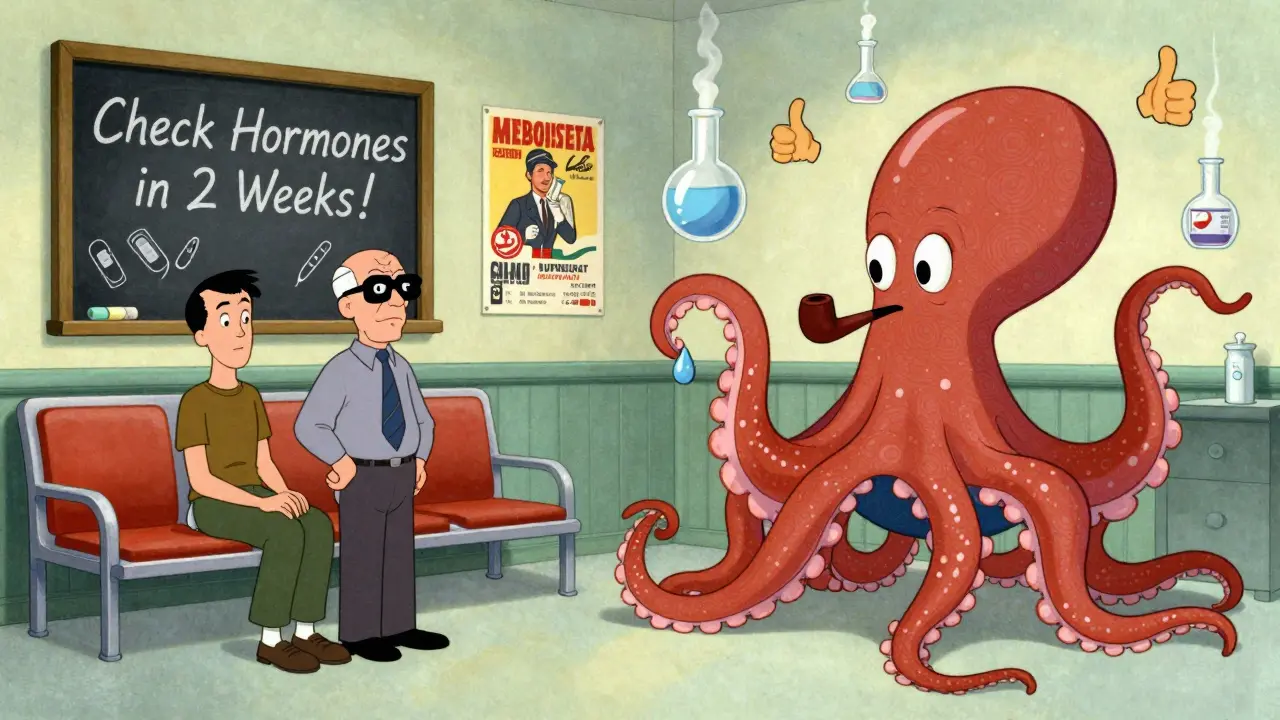 Anthropomorphic medications in a clinic waiting room, with leuprolide and cobicistat in Fleischer Studios style.