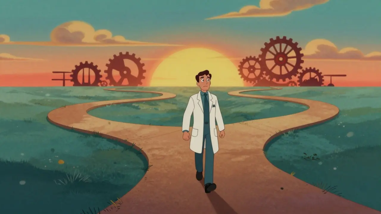 Cartoon figure walking on a path toward a horizon.