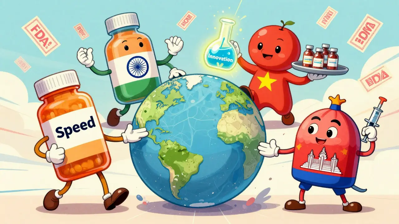 India, China, Vietnam, and Cambodia as cartoon characters sharing medicine supply roles