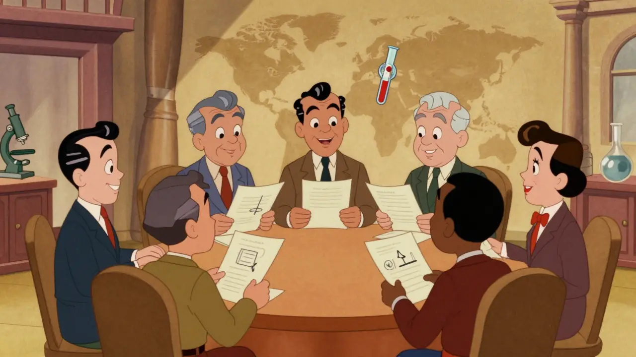 International officials meeting at table reviewing pharmaceutical guidelines