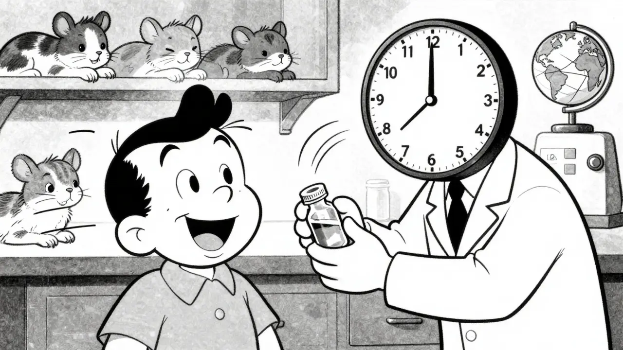 Patient receiving medicine while animals rest safely in lab