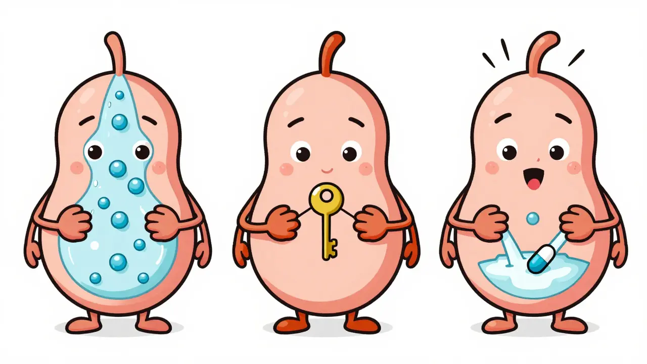 Three cartoon cells demonstrate how drugs enter milk: diffusion, key-in-lock transport, and pumping action.