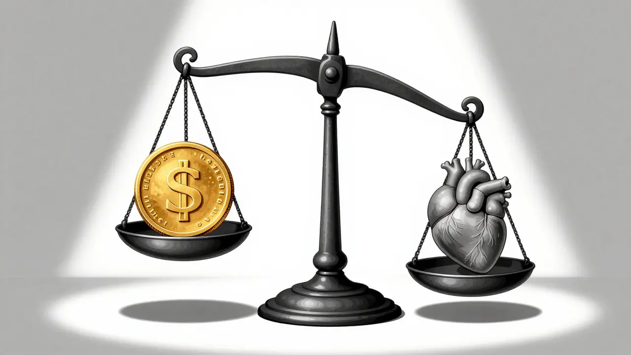 A vintage balance scale weighing a gold coin against a human heart.