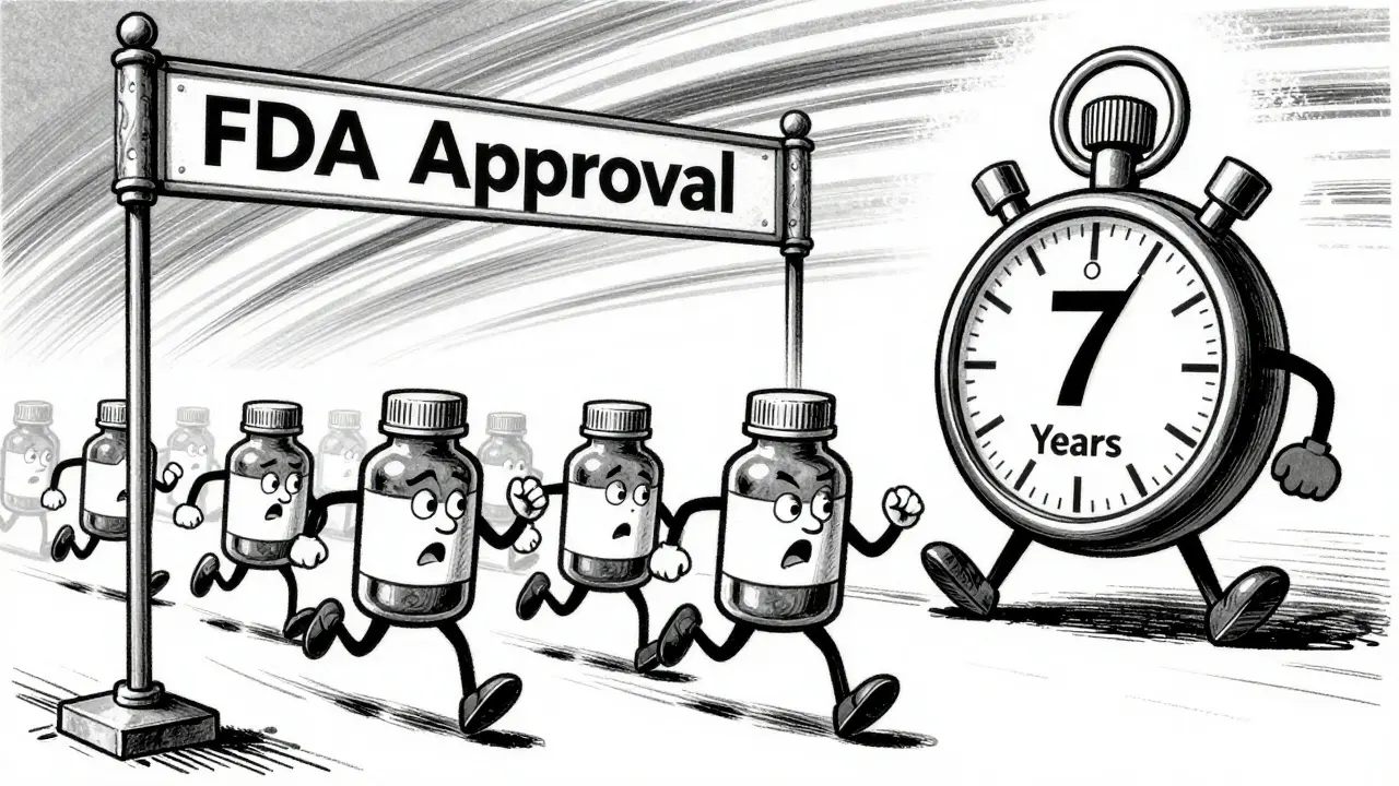 Anthropomorphic drug bottles racing toward a 7-year exclusivity finish line.