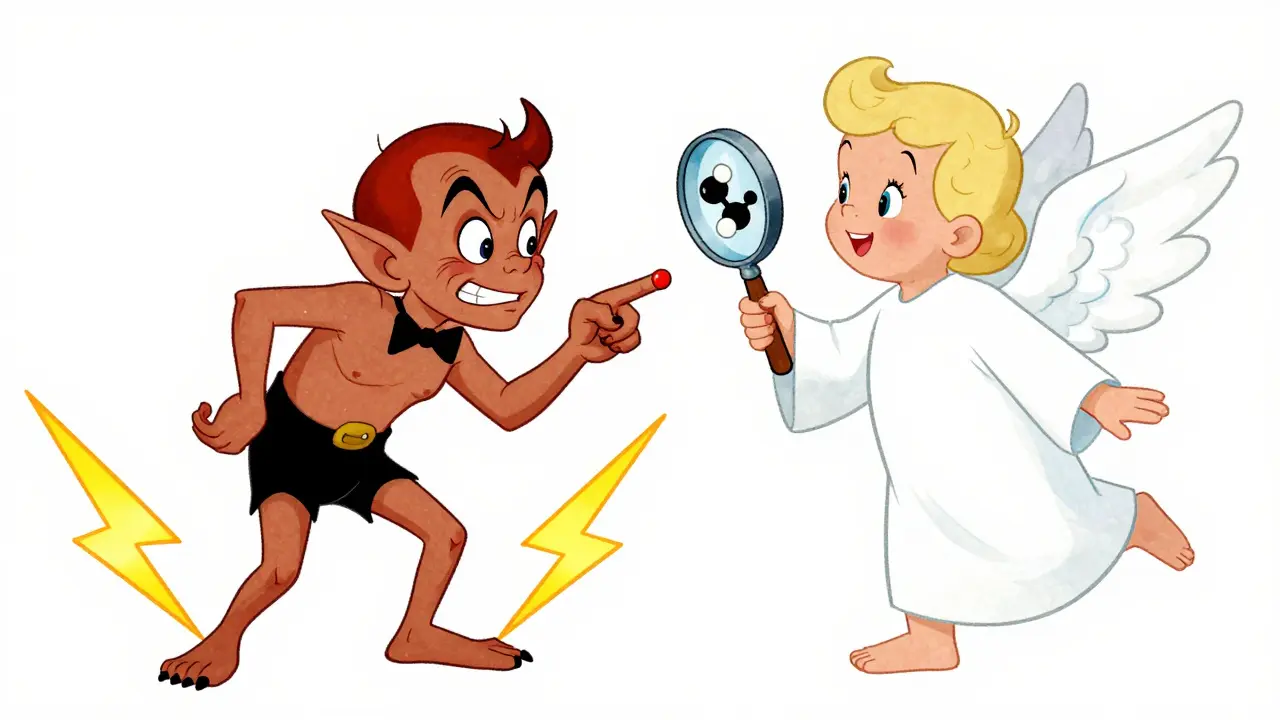 Cartoon angel and demon influencing a patient's perception of a generic medication.