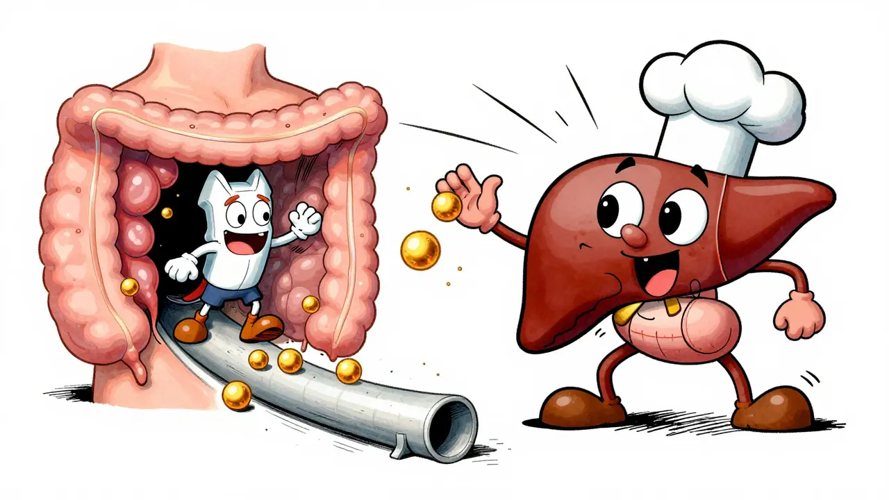 Cartoon gatekeeper blocking cholesterol spheres from entering the bloodstream.