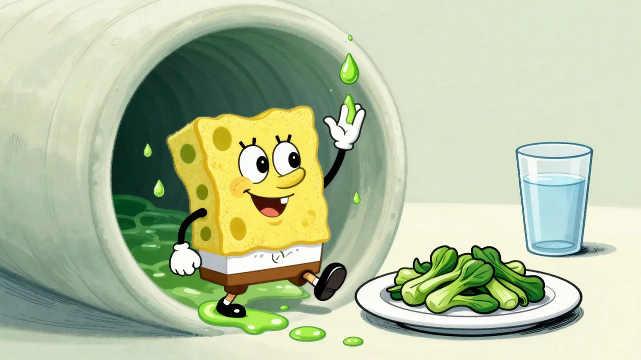 Cartoon sponge character soaking up green bile in the gut next to a low-fat meal.