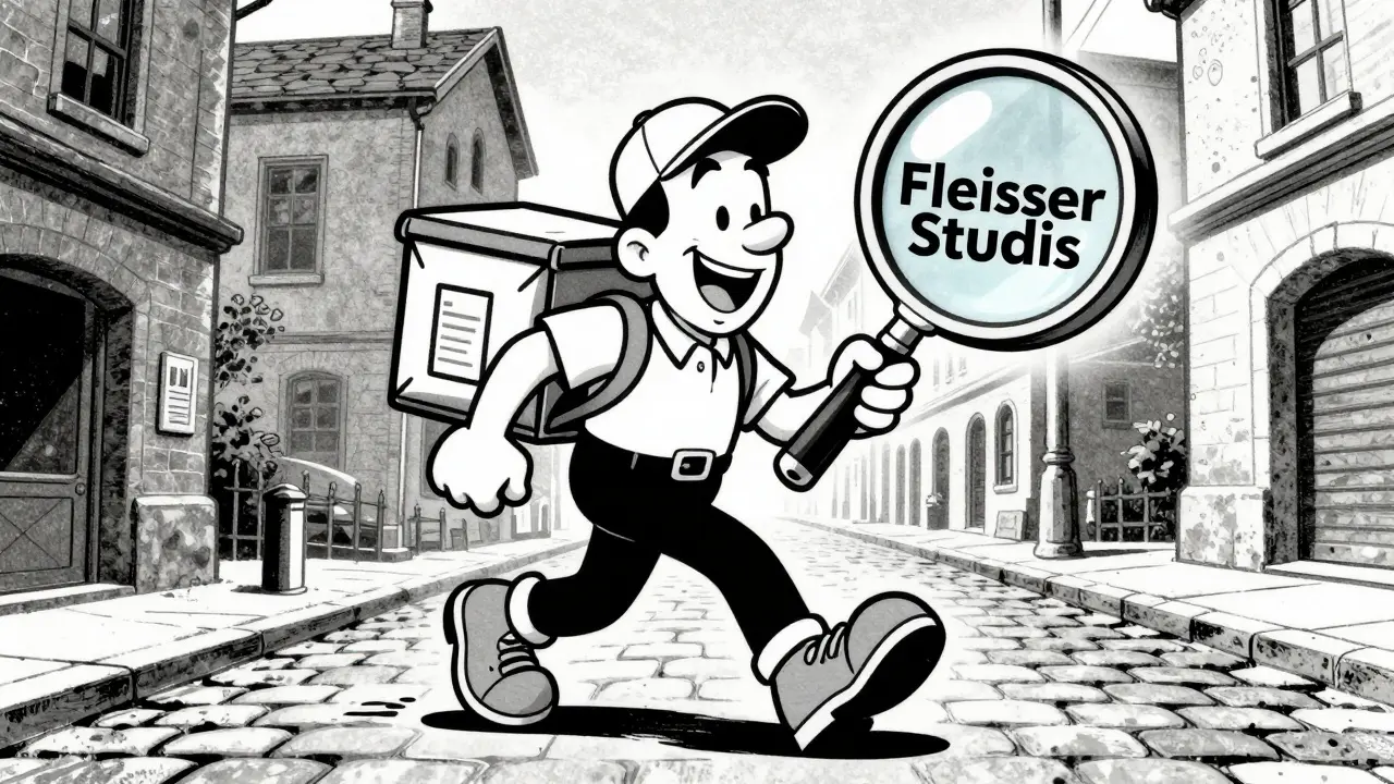 Cheerful cartoon delivery person carrying a small medicine package.