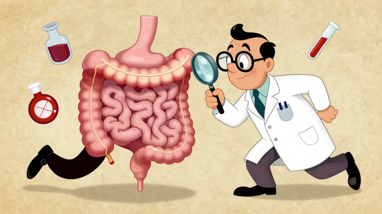 Fleischer style doctor examining a stylized human digestive system with a magnifying glass.