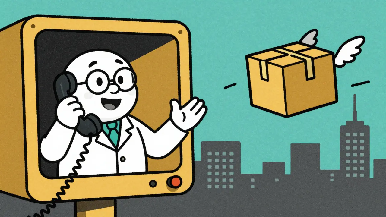 Illustration of a telehealth doctor providing a digital prescription that turns into a flying delivery package.