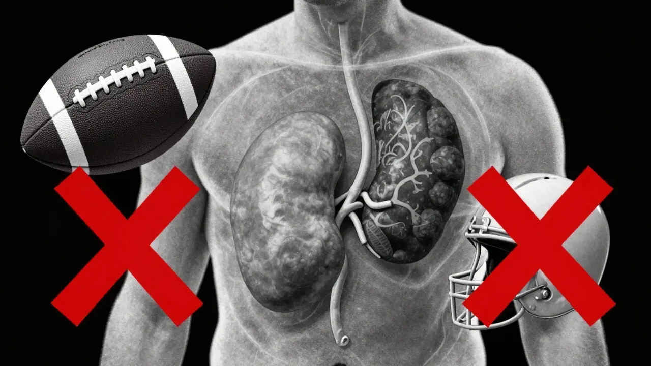 Illustration showing an enlarged spleen and a crossed-out football to signal danger.