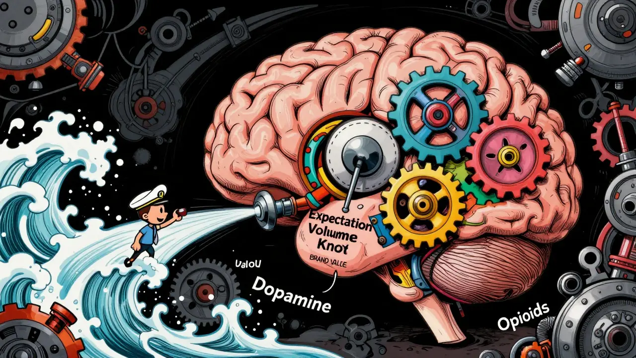 Mechanical brain switchboard with a volume knob controlling the release of dopamine and opioids.