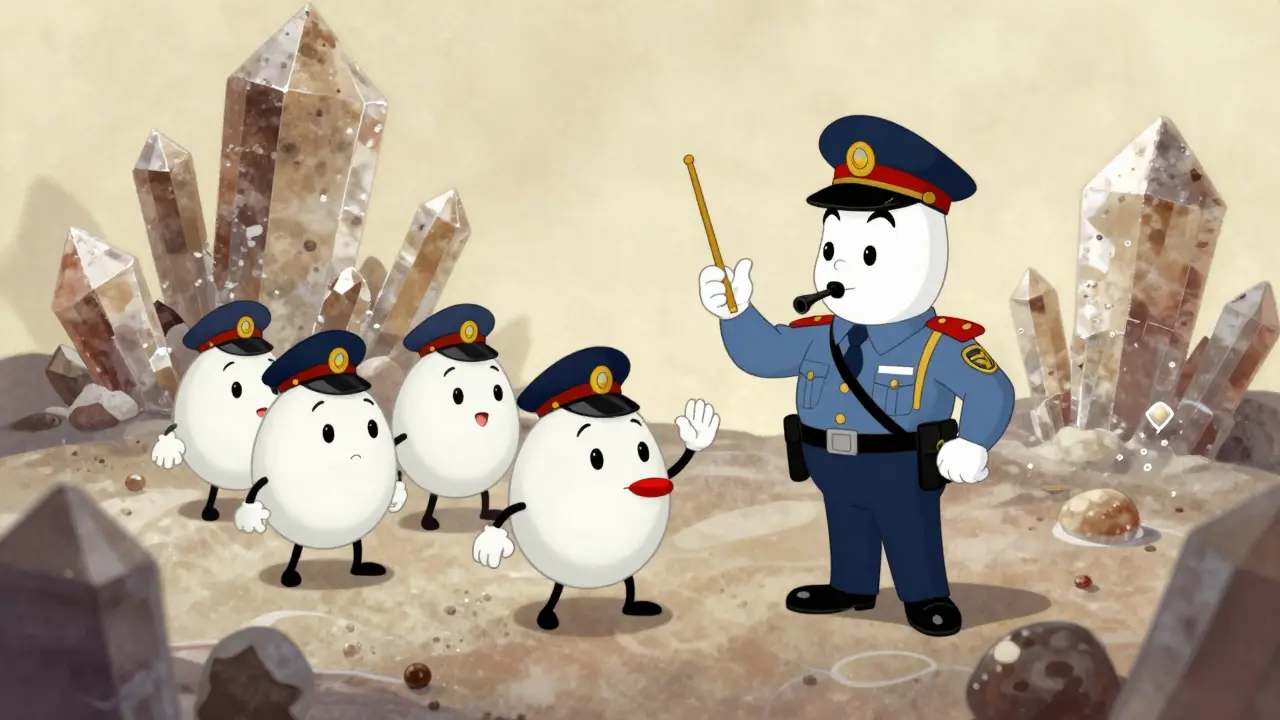 Microscopic cartoon scene where a medication pill directs white blood cells away from uric acid crystals.