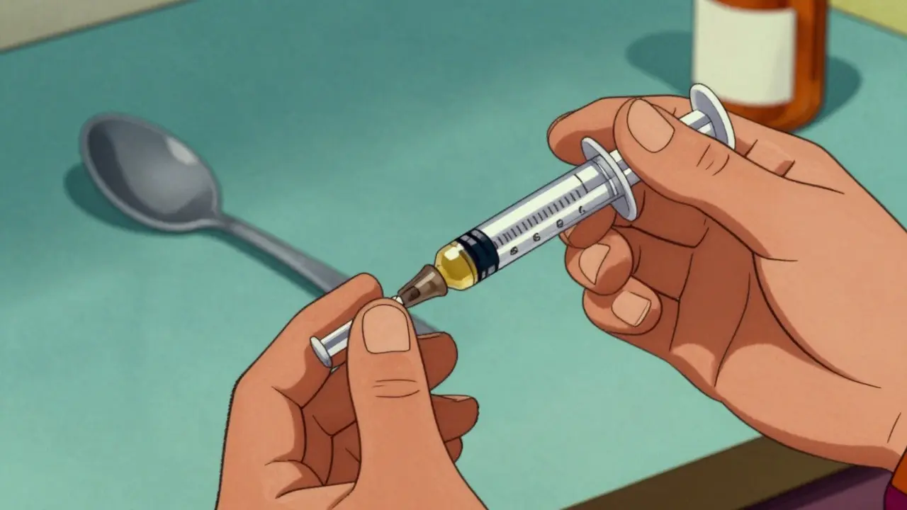 Parent measuring liquid medicine with a medical syringe accurately.