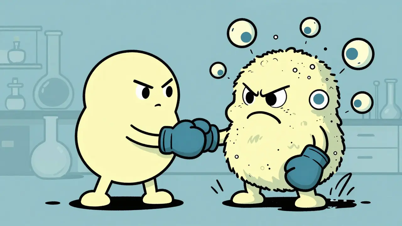Statin and antifungal characters teaming up to fight a cartoon fungus monster.