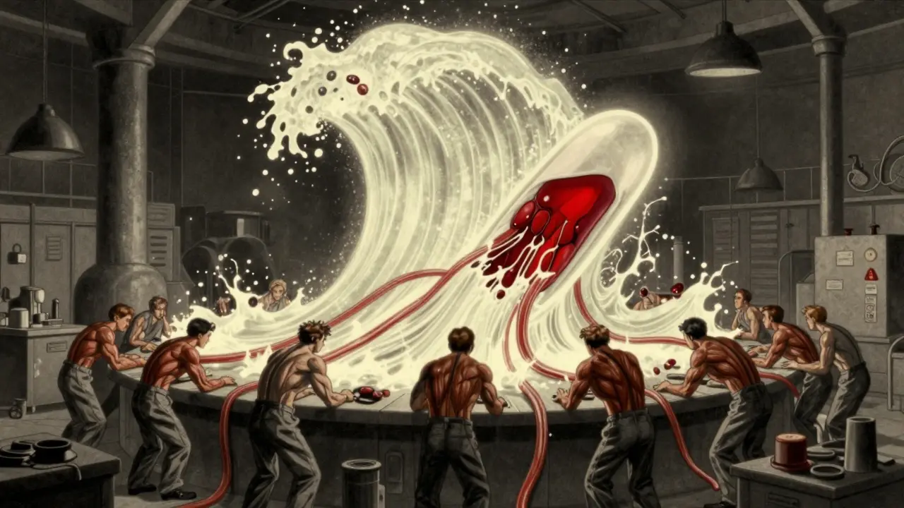 Statin molecules overwhelming exhausted muscle cell workers in a vintage cartoon style.