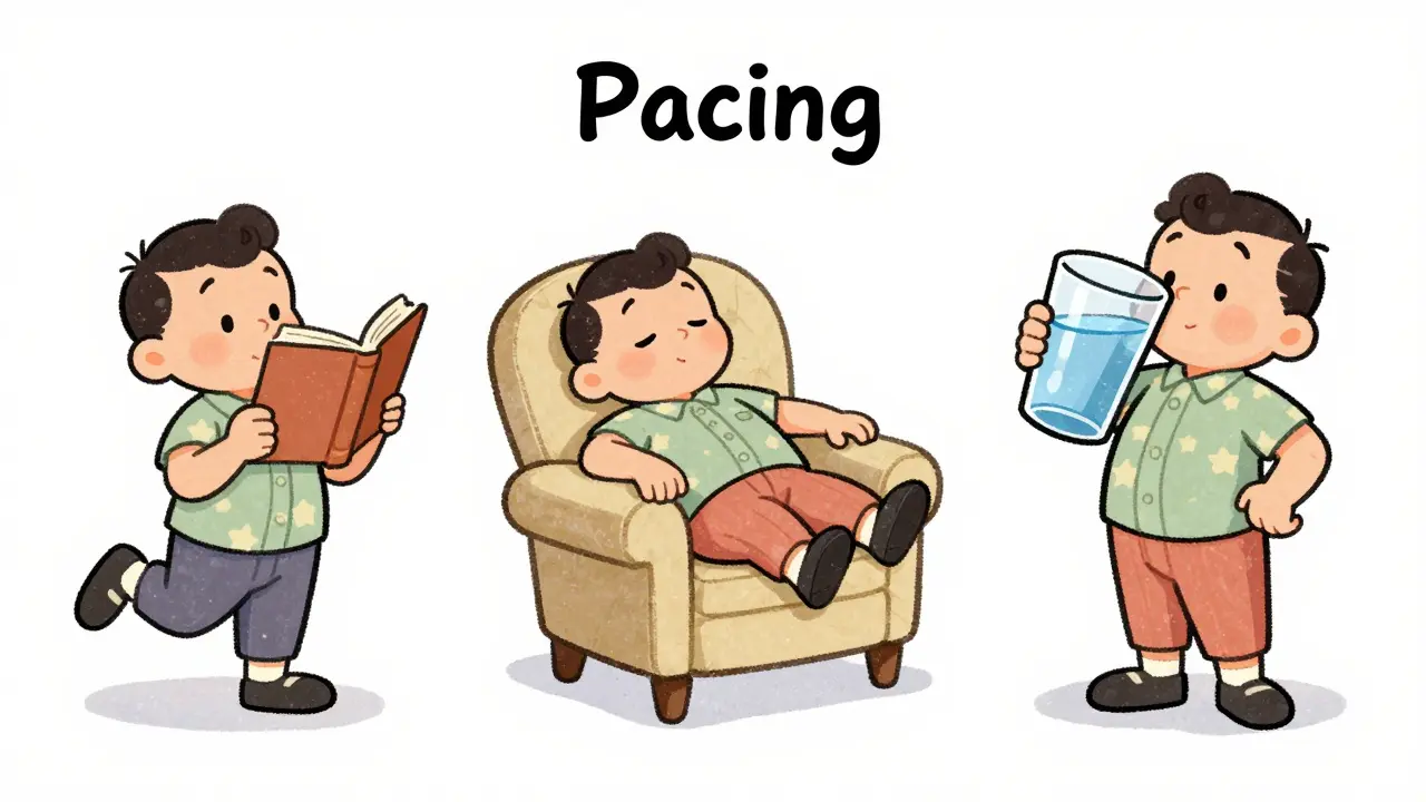 Three-panel cartoon sequence of a character resting, reading, and hydrating for recovery.