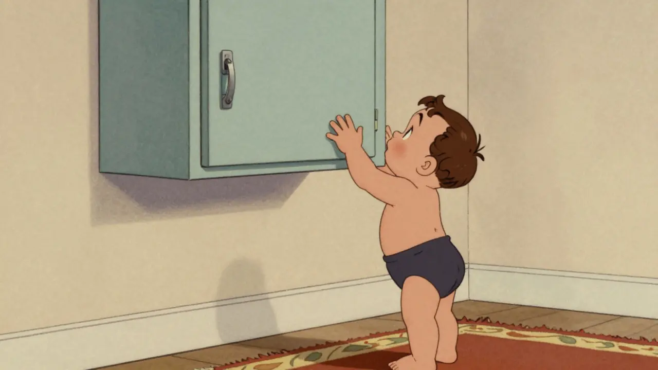 Toddler unable to reach locked medicine cabinet on high shelf.