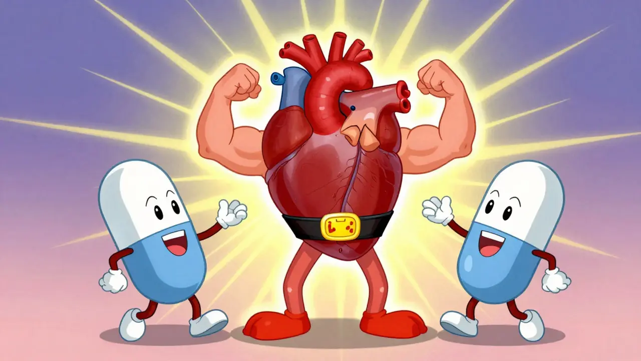 Triumphant cartoon heart and two dancing medication pills in vintage animation style.