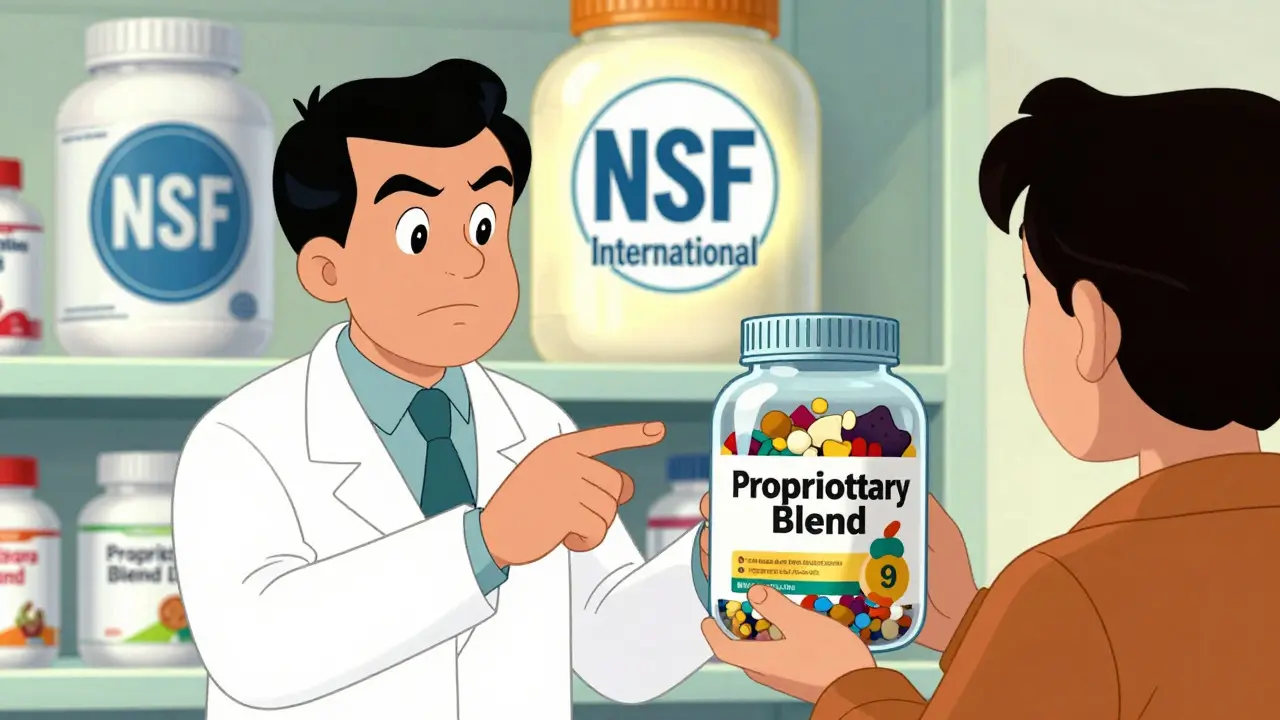 Cartoon pharmacist advising customer to check third-party certifications on supplements