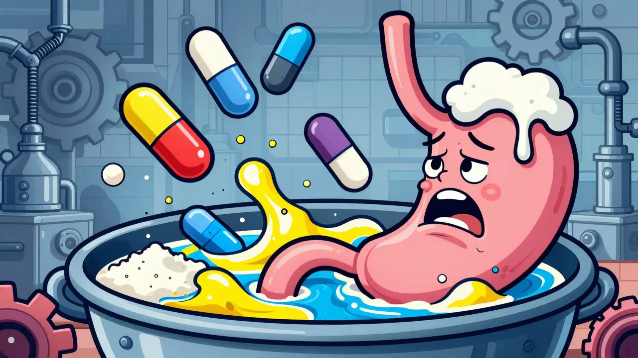 Cartoon stomach factory where pill ingredients mix into a chaotic, bubbling cocktail.