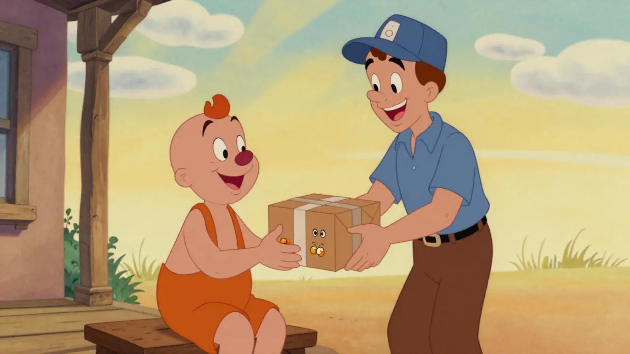 Cheerful cartoon patient receiving a package of affordable generic medication