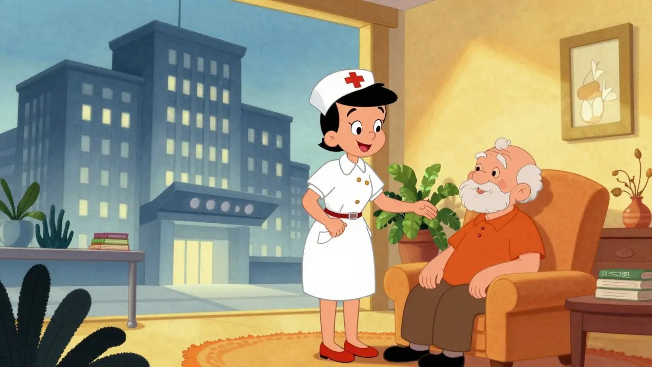 Friendly community nurse visiting an elderly patient in a cozy home setting.