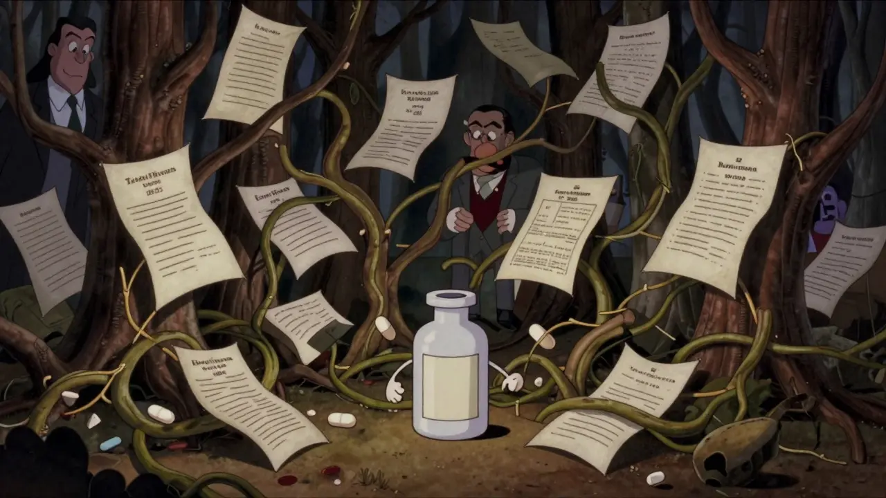 Generic drug bottle blocked by a tangled forest of patent trees in vintage animation style.
