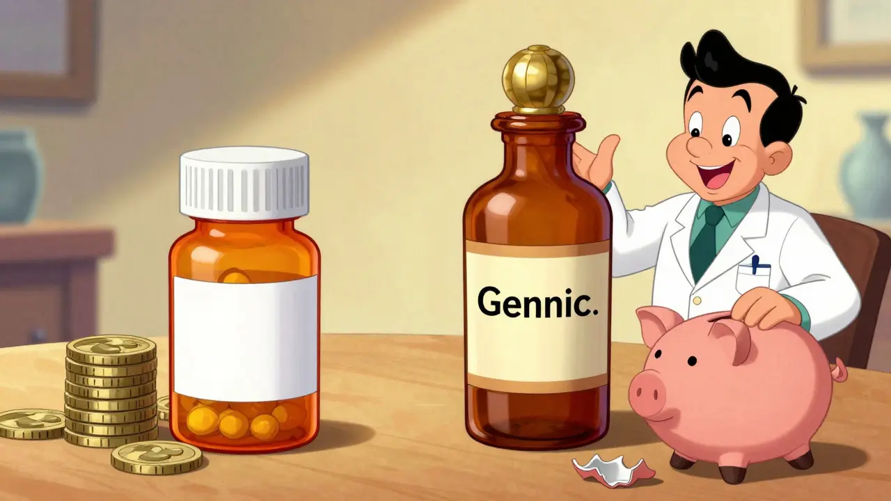 Generic vs brand drug cost comparison cartoon