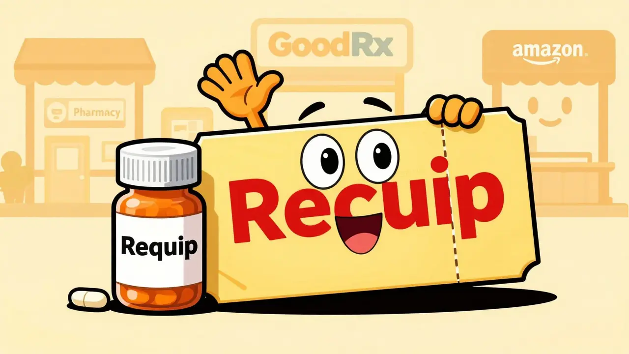 Happy discount coupon character next to medicine bottles showing savings