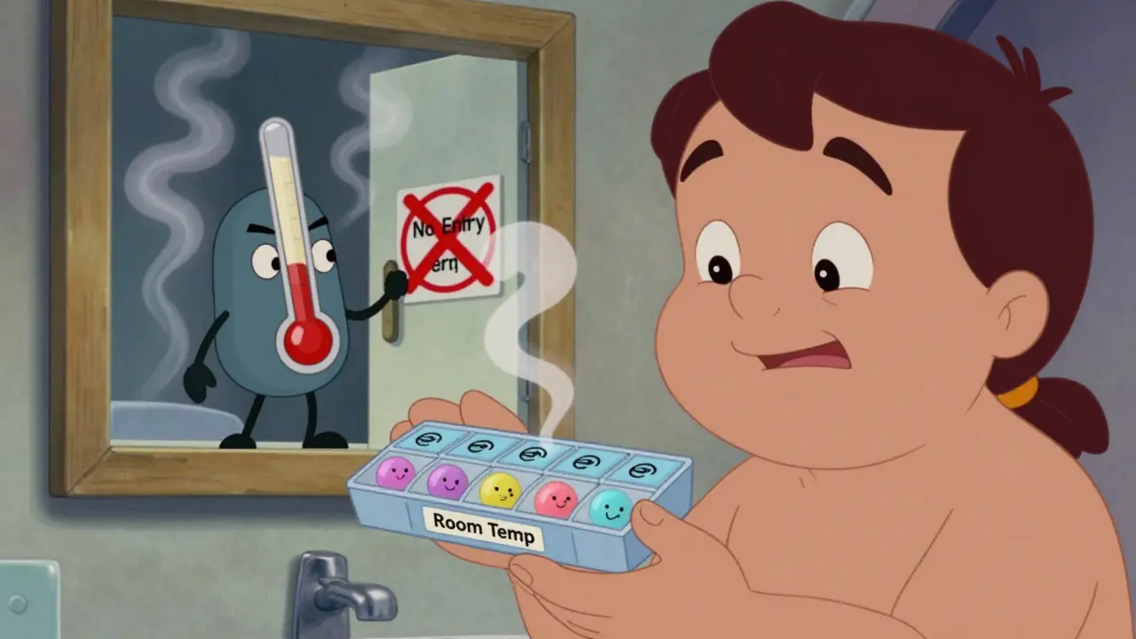 Happy patient stores pills correctly, avoiding humid bathroom area.