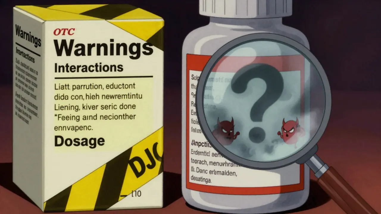 Illustration comparing clear drug warning labels to vague, obscured supplement labels