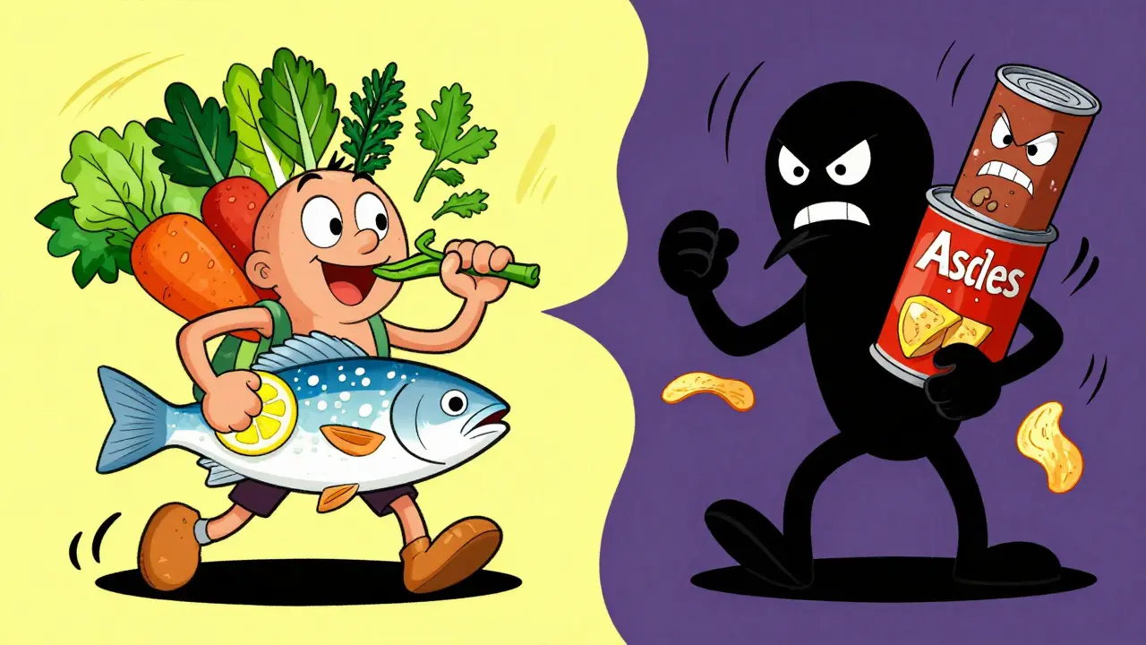 Illustration comparing healthy low-sodium foods vs processed high-salt items