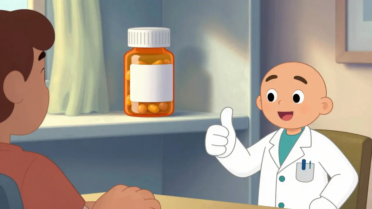 Illustration of safely stored medication with pharmacist giving approval