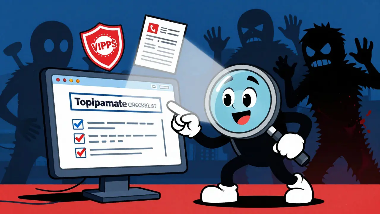 Magnifying glass checks online pharmacy safety seals against scams.