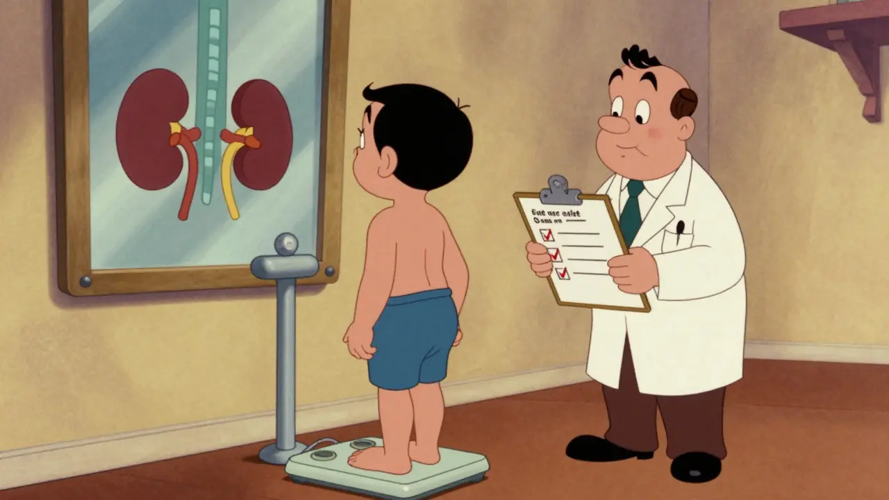 Patient weighing themselves with doctor monitoring kidney function