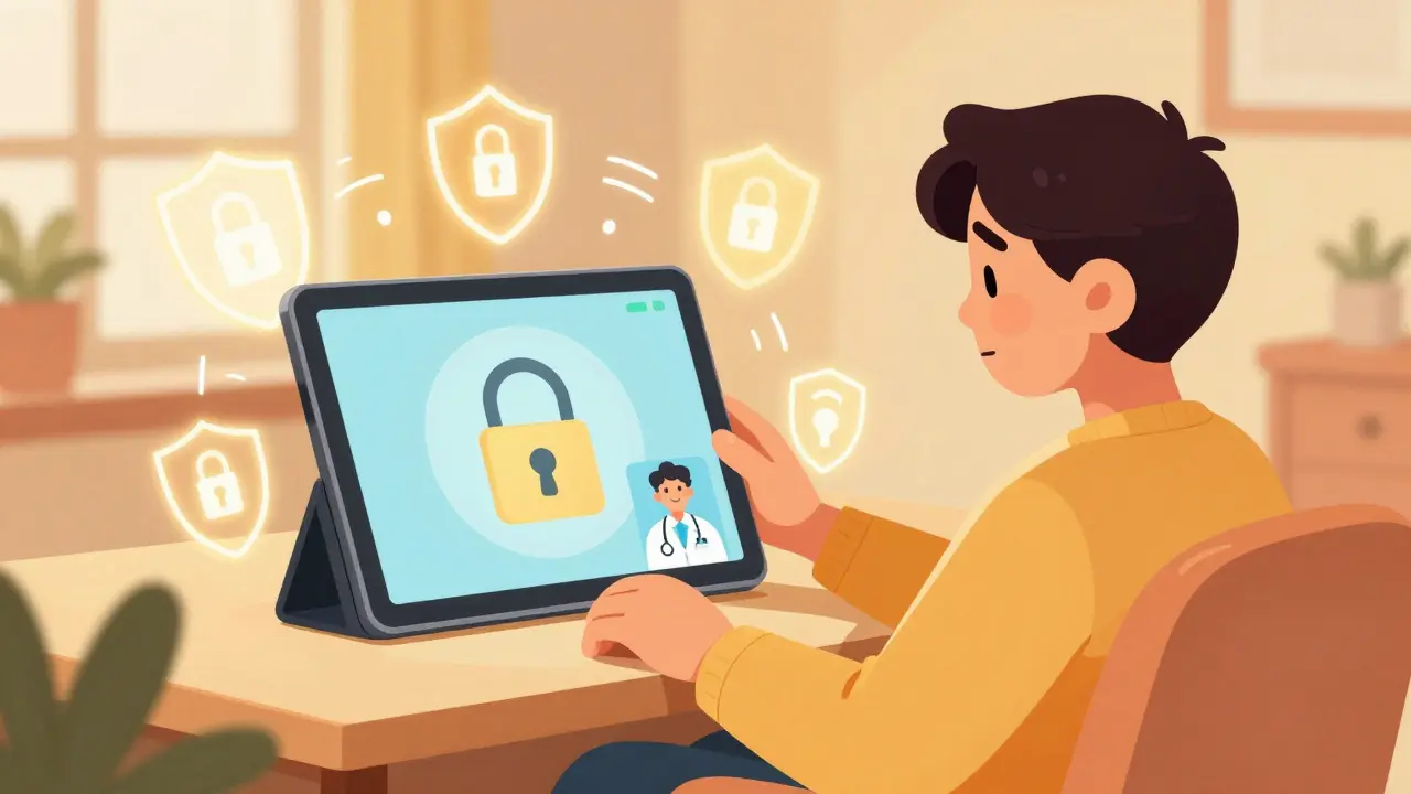 Person using telehealth for prescription via tablet in retro animation style