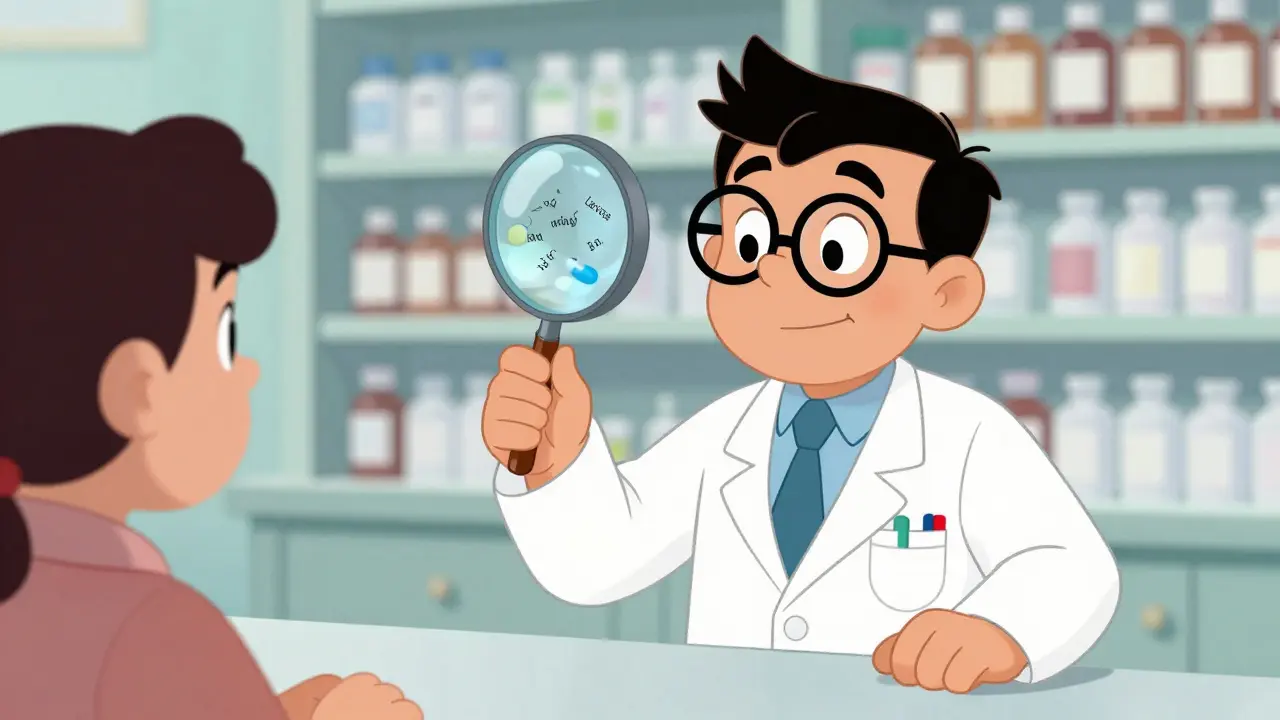 Pharmacist showing a patient hidden excipient characters through a magnifying glass.