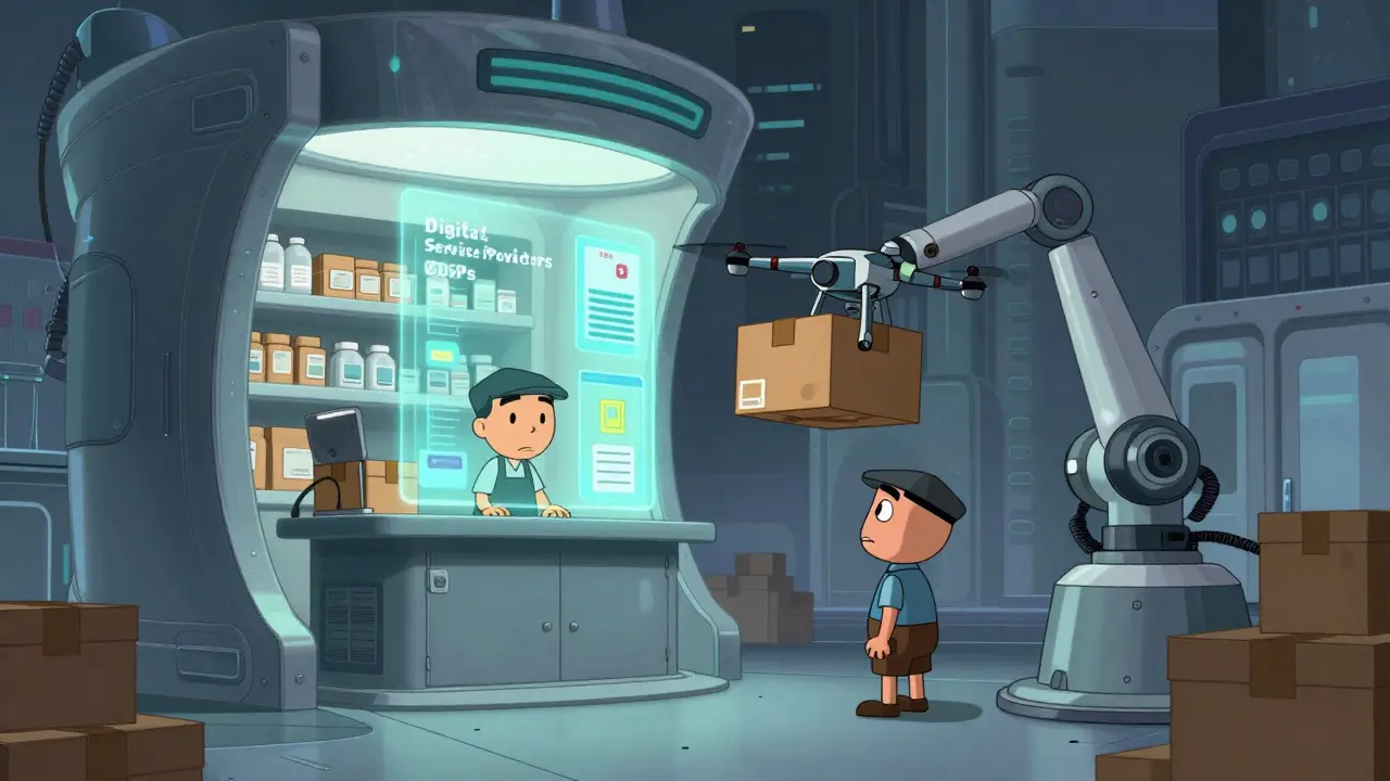 Retro-futuristic illustration of digital pharmacy lockers and drones replacing shops.