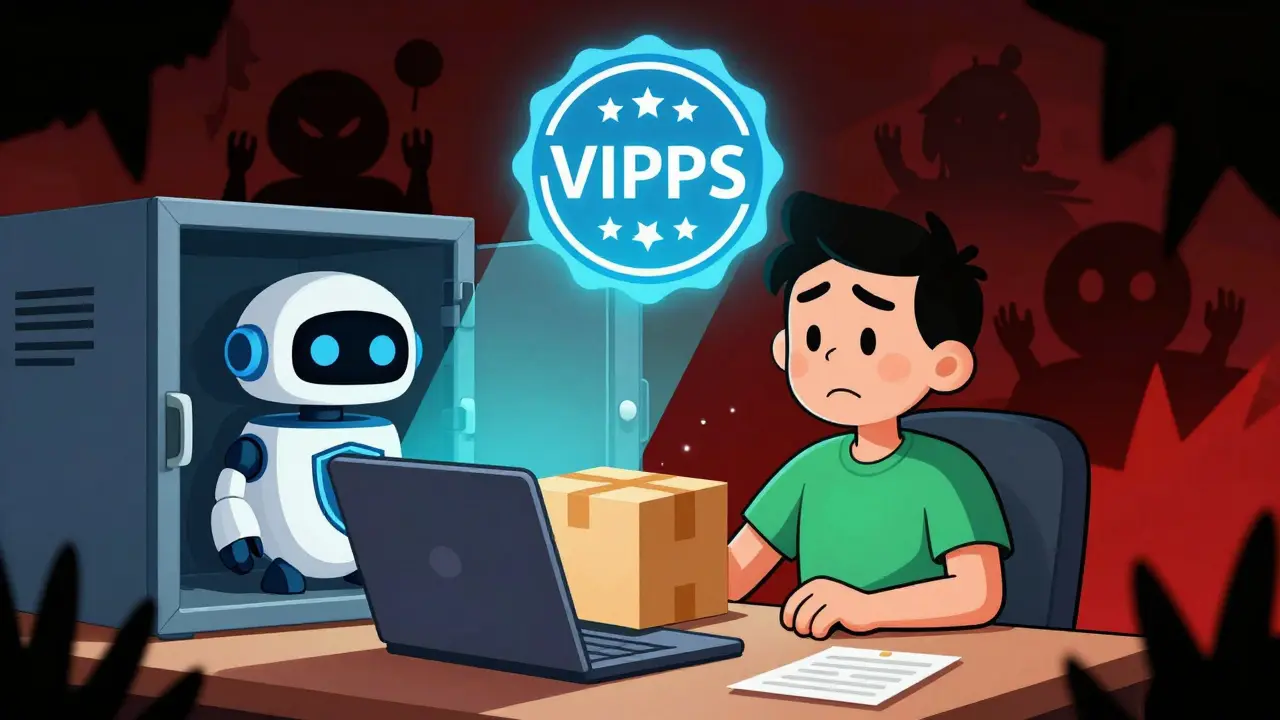 Safe online pharmacy delivery cartoon scene