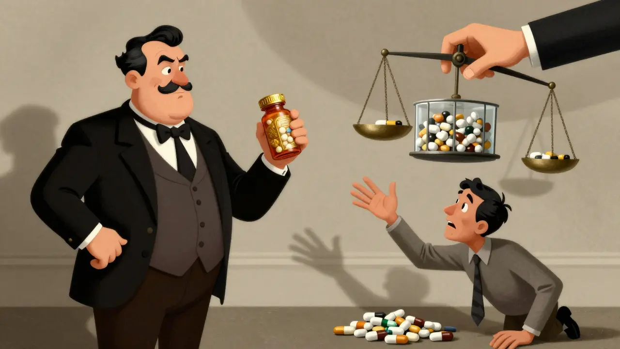 Split scene showing rich patient with expensive drug vs poor patient denied generics.