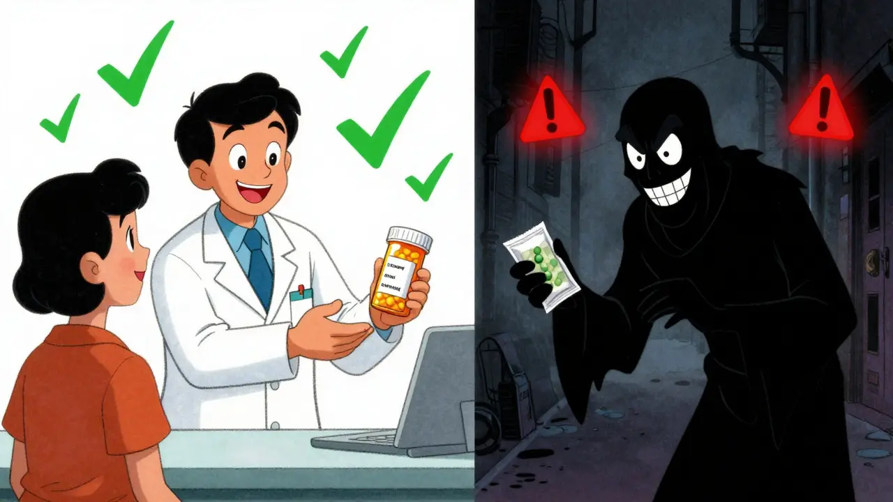 Split screen showing safe vs unsafe online pharmacy practices in cartoon style
