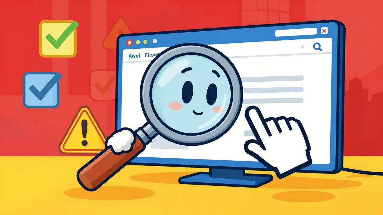 Vintage cartoon magnifying glass inspecting an online pharmacy for safety checks