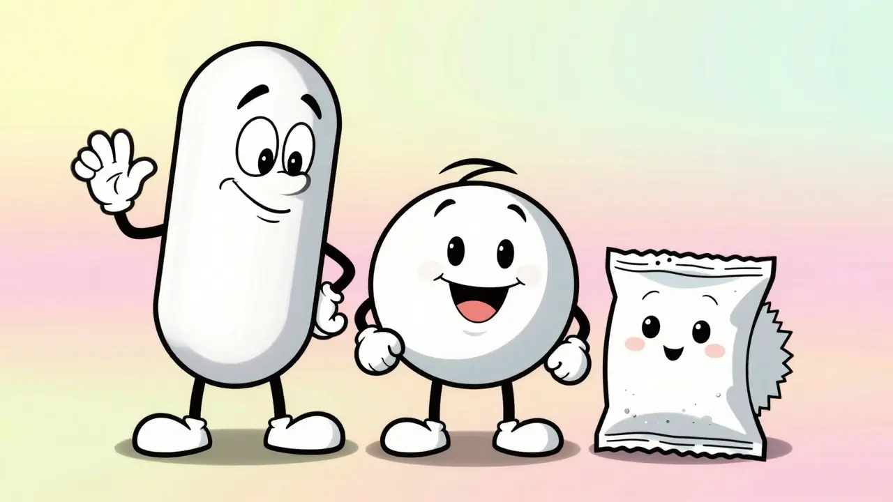 Anthropomorphic pills representing different forms of montelukast