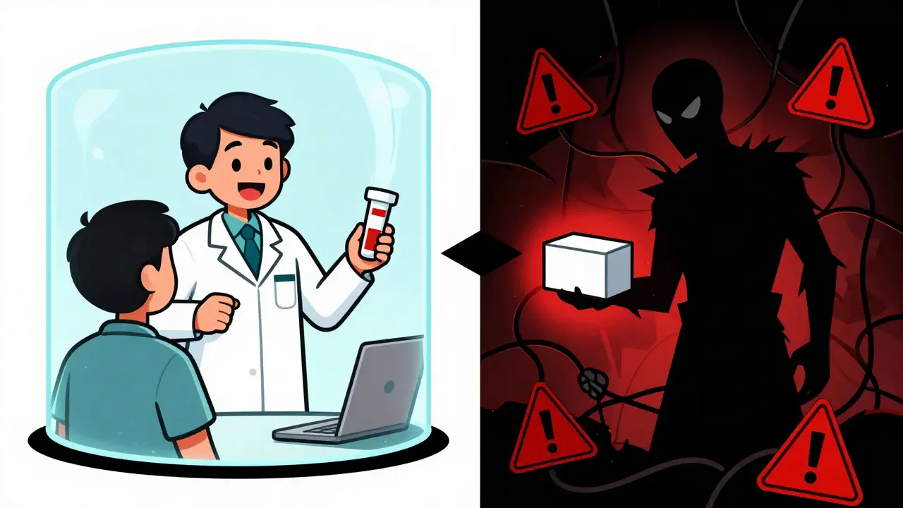 Cartoon comparison of safe online pharmacy vs shady scam website