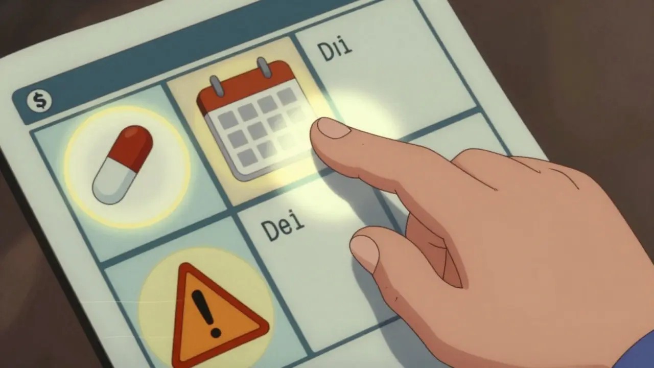 Cartoon hand highlighting key sections of a medicine label
