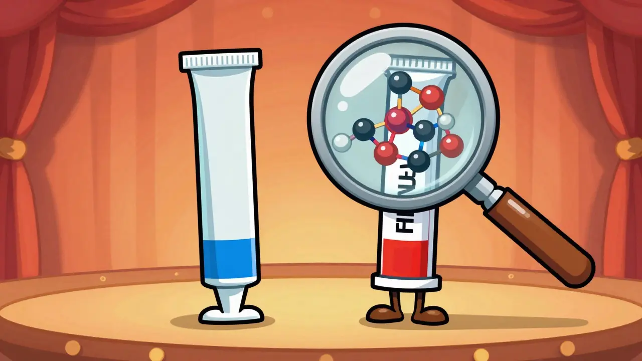 Cartoon showing generic and brand medicine tubes are equally effective