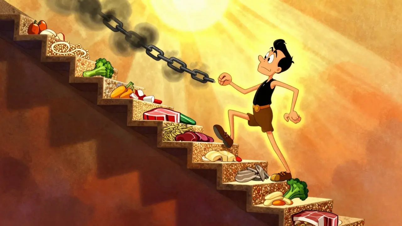 Character climbing food stairs to restore metabolism brightly