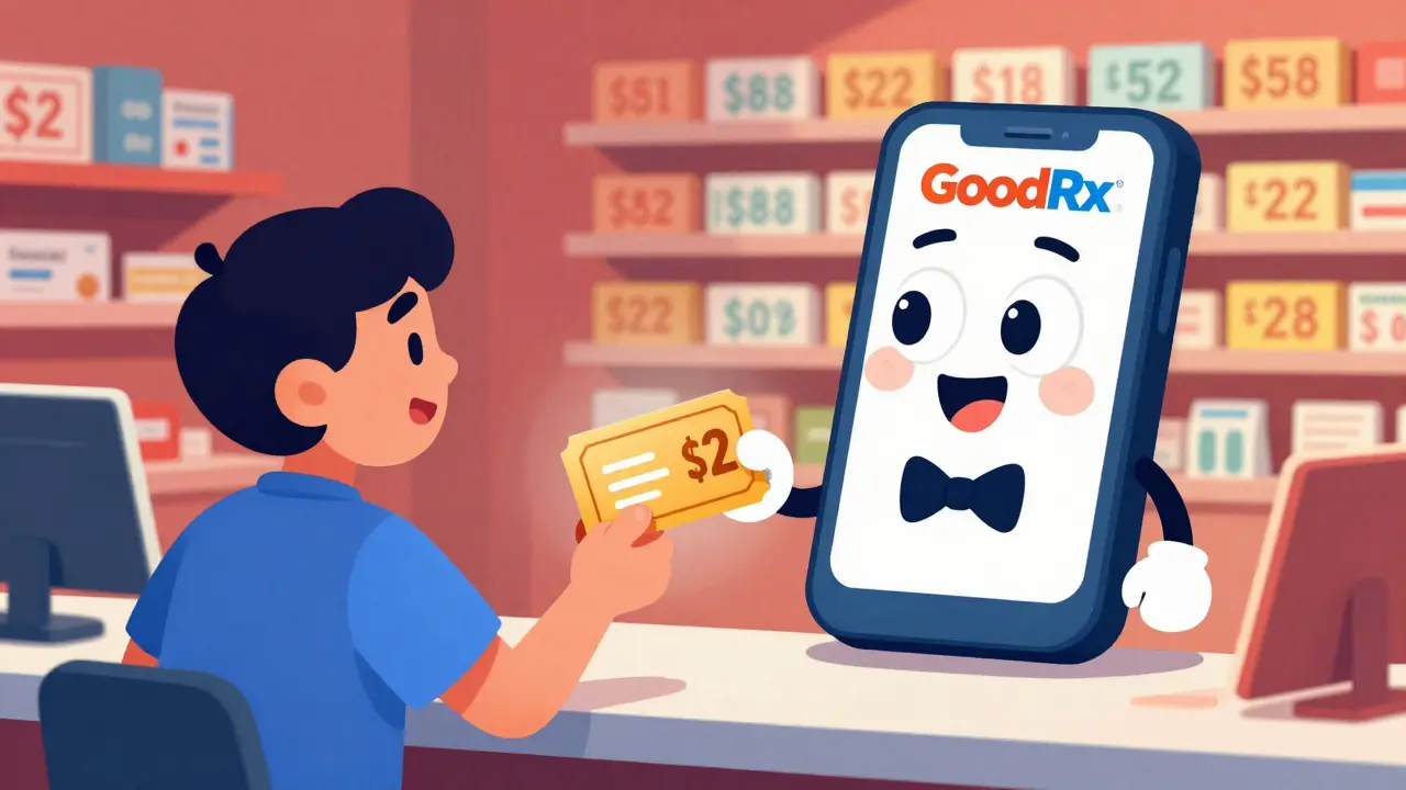 Cheerful mascot hands discount coupon to patient at pharmacy counter.