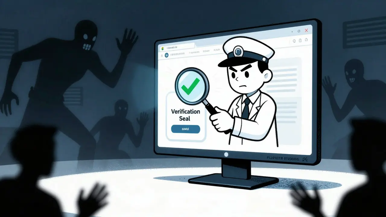 Detective checking for safety seals on an online pharmacy website.